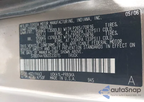 2006 Toyota Tundra Sr5 V8 из США, поврежденный, VIN 5TBDT44106S533015